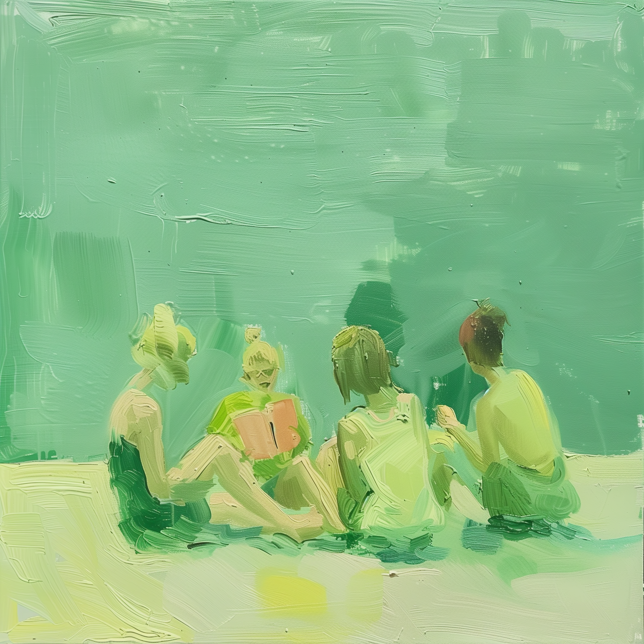 group of people sitting together reading